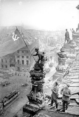 Soviet flag is raised over Reichstag in Berlin 30 April 1945